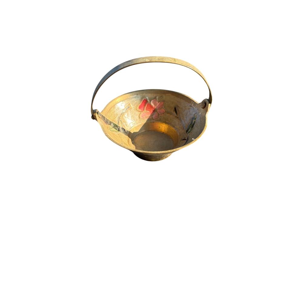 Vintage Brass Cloisonne Bow Handled Trinket Dish Holly Candle Christmas Holiday